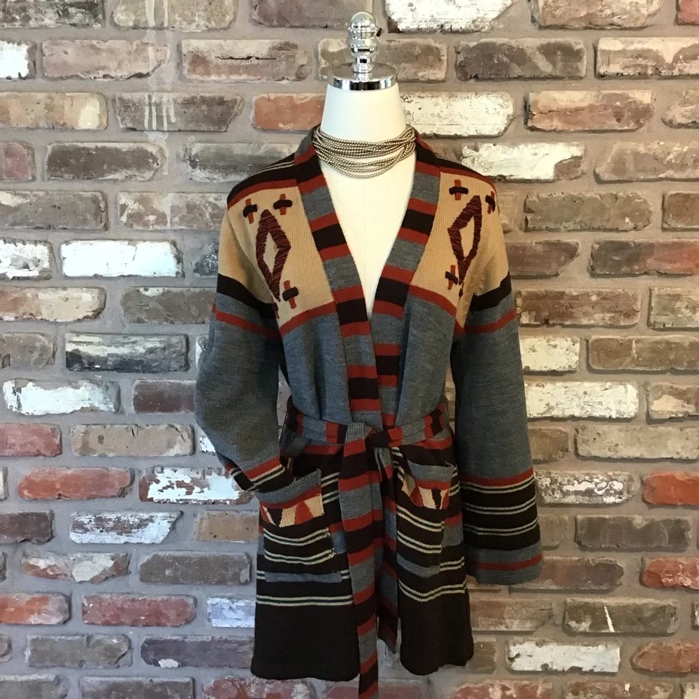 DONNKENNY Women's VINTAGE 60's 70's Belted Western Motif Cardigan Sweater M - Picture 1 of 7